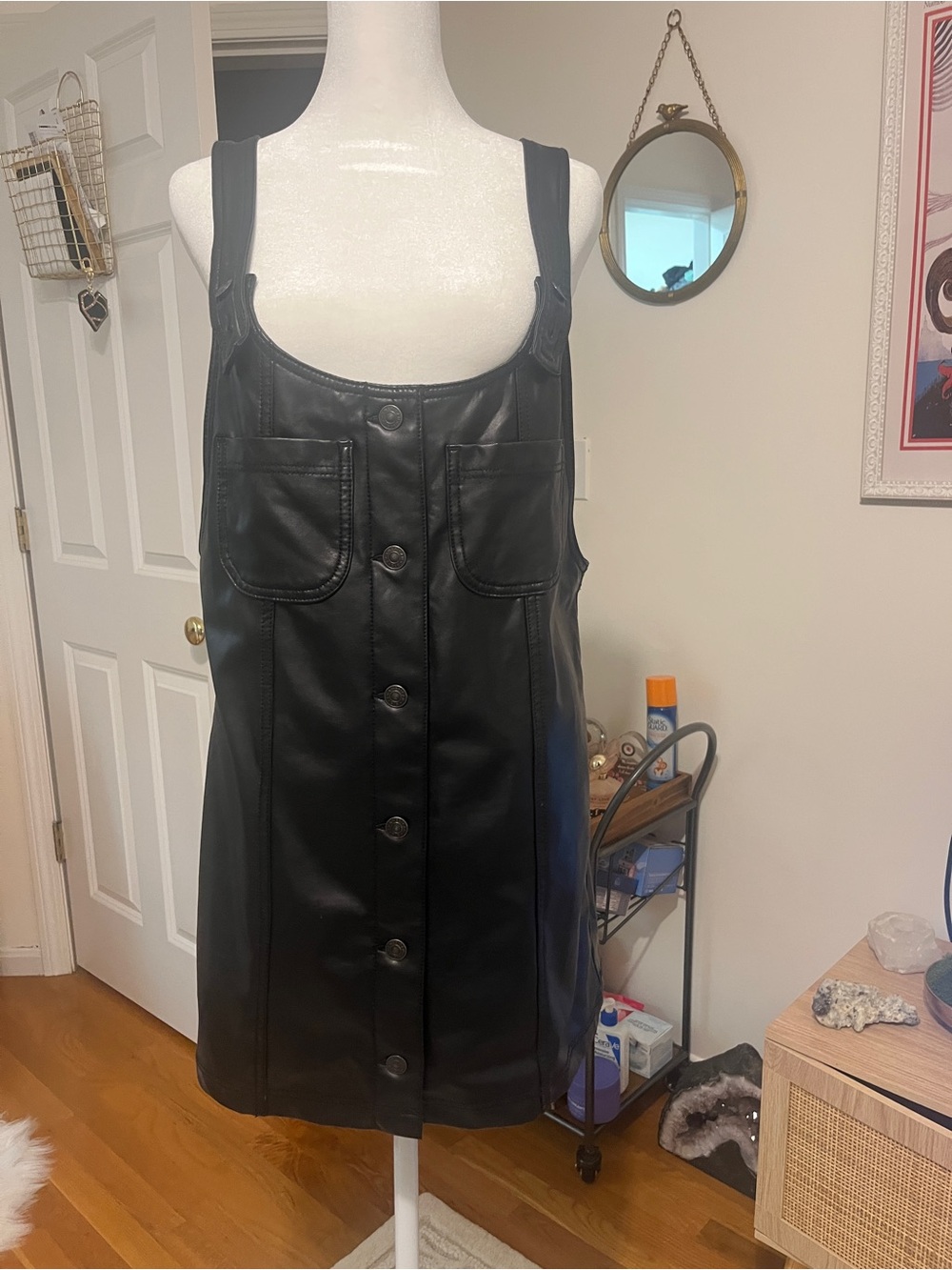American Eagle Outfitters Black Faux Leather Button-Front Mini Dress